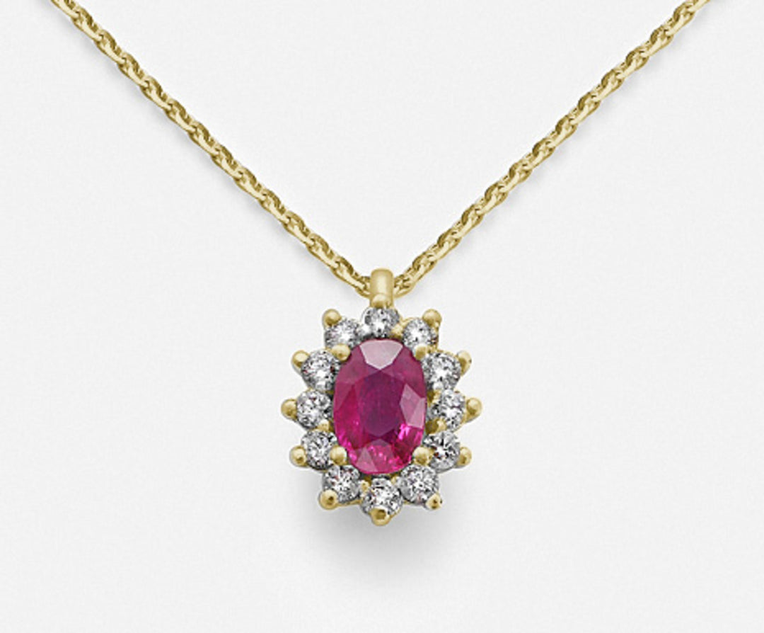 Nihama cl 18k ruby ​​n. oval 6x4 ct.0,62 diam. 0,23 ct gult guld ND5047O1RBN062