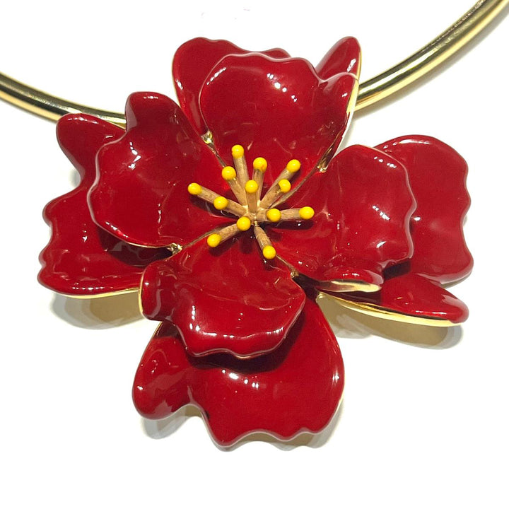 Federica Rossi Blumen-Halskette, 8 Blütenblätter, Bronze, PVD-Finish, 18-karätiges Gelbgold, rote Emaille FR.CO.29