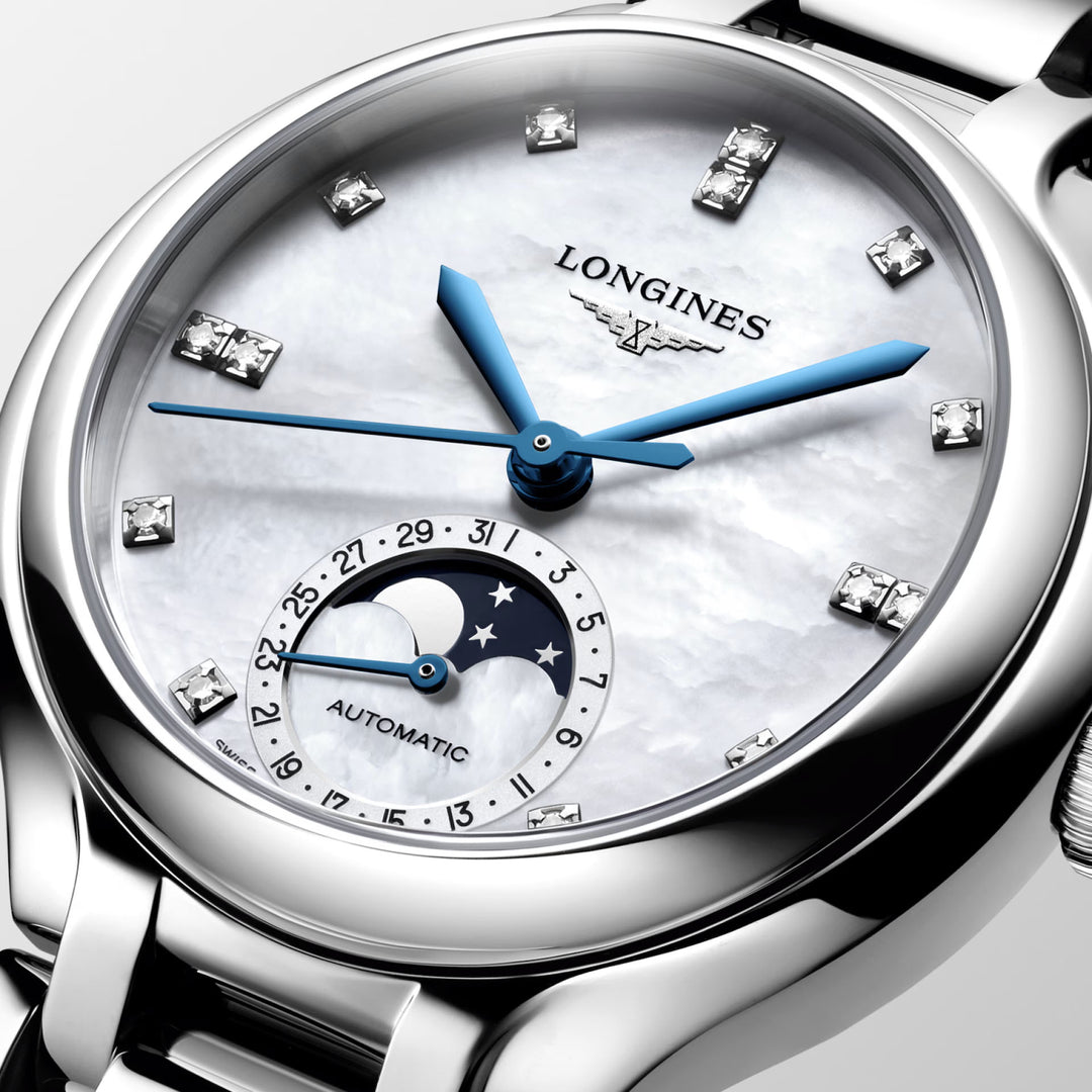 Longines Primaluna Moonphase watch 34mm mother of pearl diamonds automatic steel L8.126.4.87.6