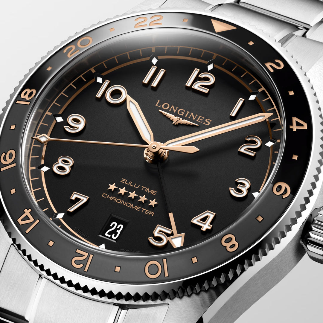 Longines ur Spirit Zulu Time 39mm sort automatisk stål L3.802.4.50.6