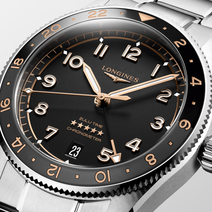 Longines ur Spirit Zulu Time 39mm sort automatisk stål L3.802.4.50.6