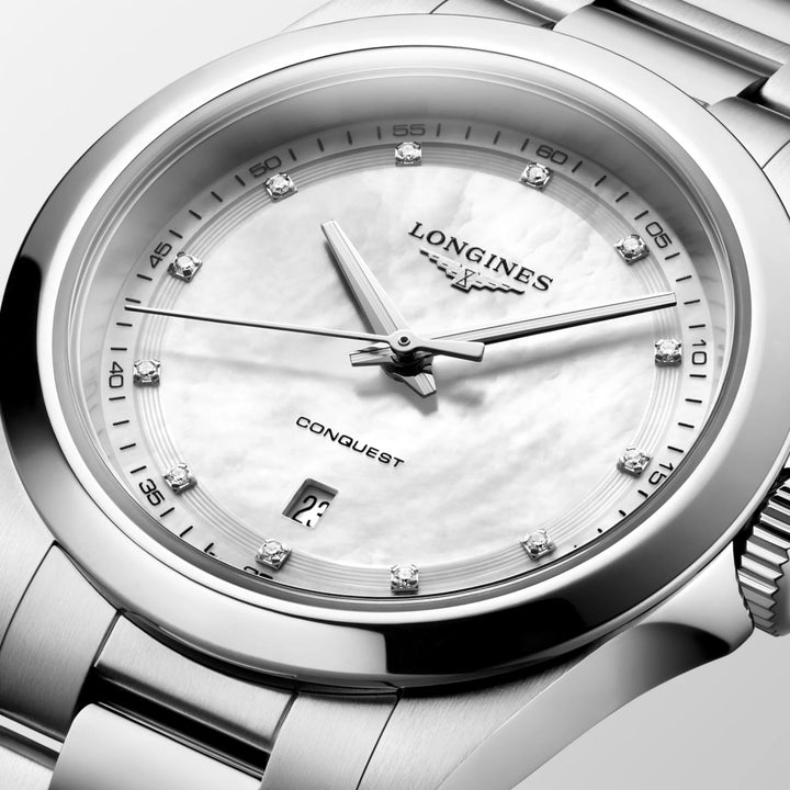Longines Conquest ur 30 mm perlemor diamanter kvartsstål L3.350.4.87.6