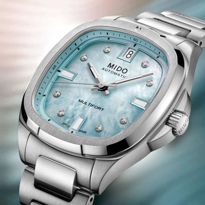 Mido-Uhr Multifort TV 35 34x35mm blaues Perlmuttdiamanten Automatikstahl M049.307.11.136.00