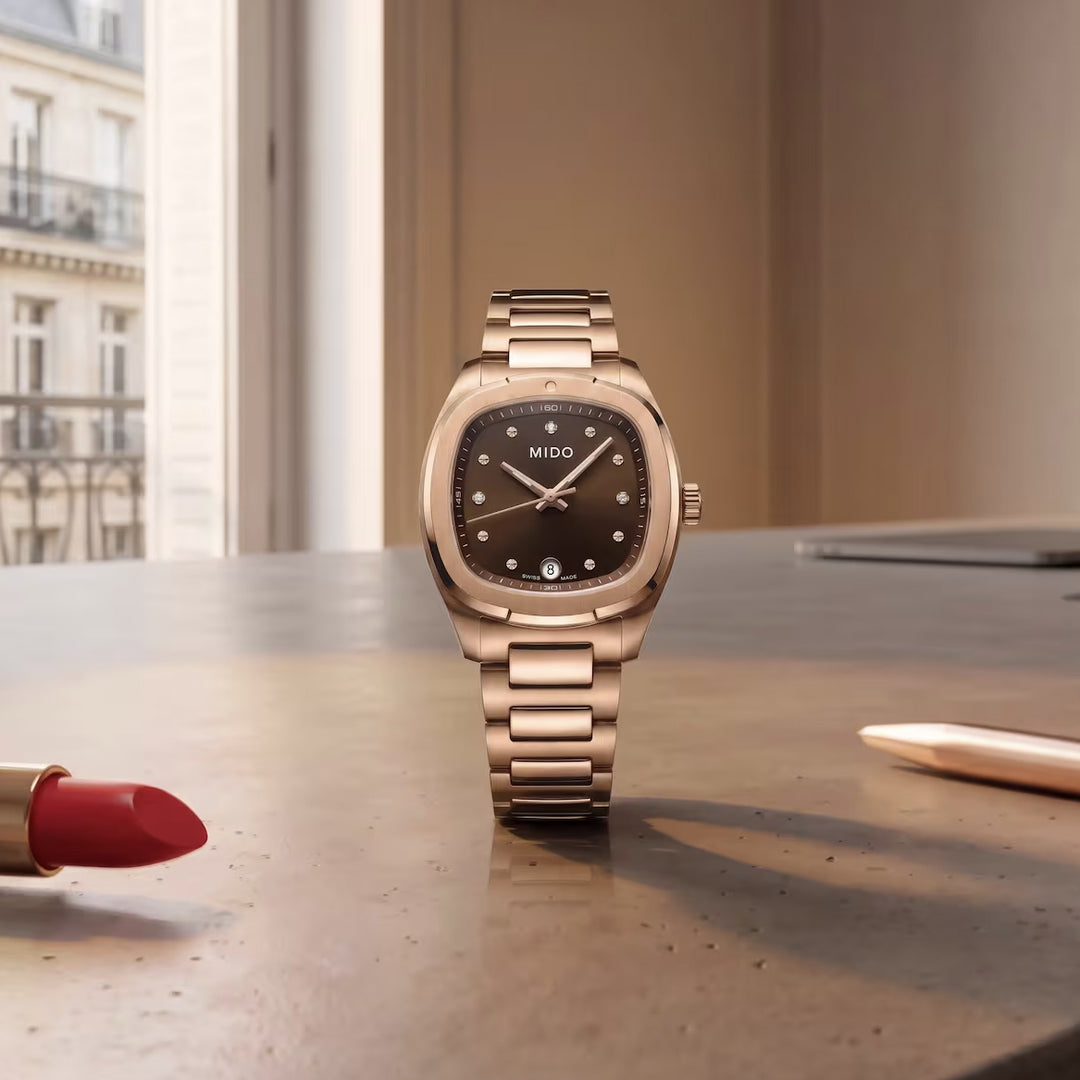 Mido Multifort TV 28mm brunt kvartsstål roséguld PVD-finish M049.110.33.296.00