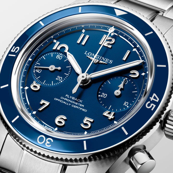 Longines ur Spirit Pilot Flyback 39,5 mm blåt manuelt optræk stål L3.721.4.93.6
