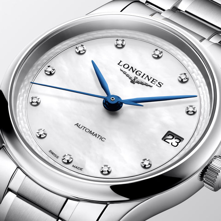 Longines Master Collection klocka 34mm pärlemor diamanter automatisk stål L2.450.4.87.6