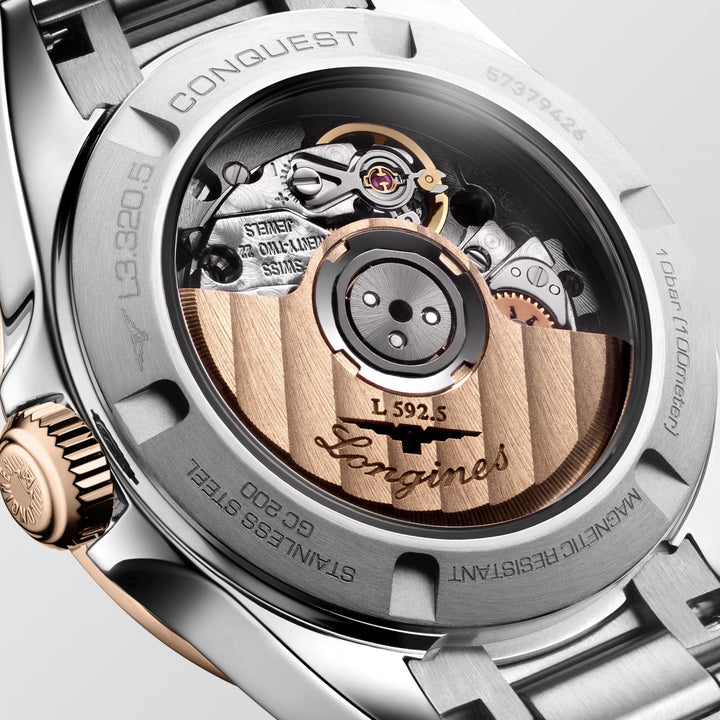 Longines Conquest ur 30 mm automatisk sølv rosa guld stål L3.320.5.72.6