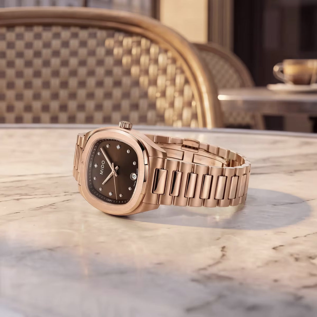 Mido Multifort TV 28mm brunt kvartsstål roséguld PVD-finish M049.110.33.296.00