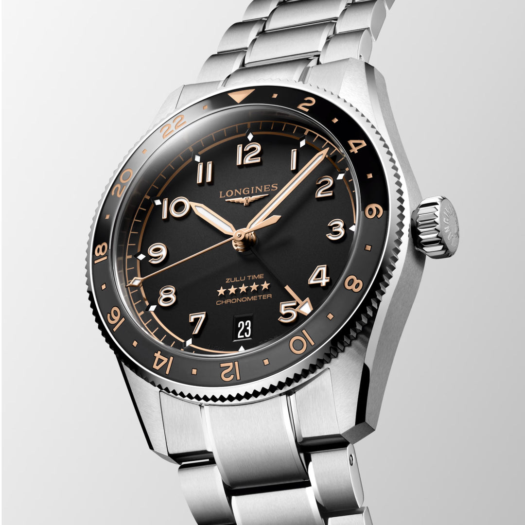 Longines ur Spirit Zulu Time 39mm sort automatisk stål L3.802.4.50.6