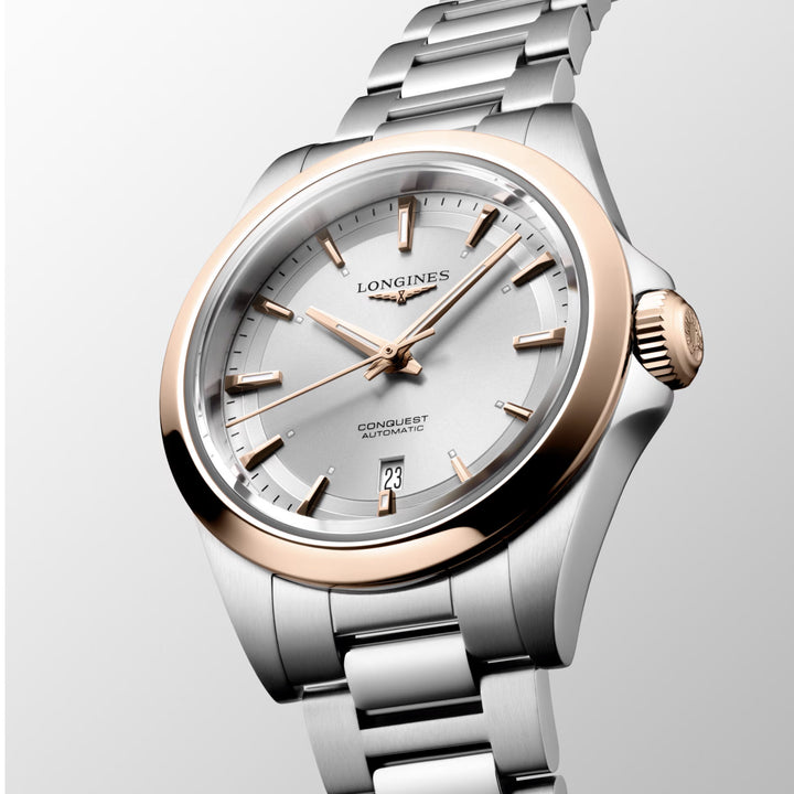 Longines Conquest ur 30 mm automatisk sølv rosa guld stål L3.320.5.72.6