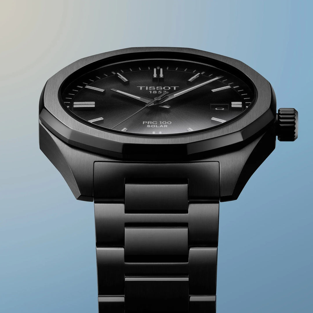 Tissot-Uhr PRC 100 Solar 39 mm, schwarzer Quarzstahl, schwarzes PVD-Finish T151.422.33.051.00
