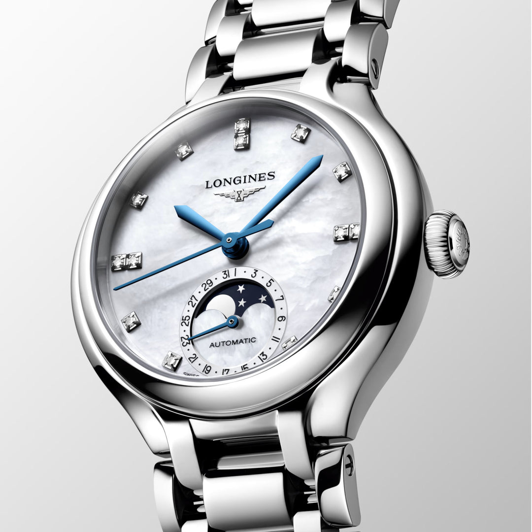Longines Primaluna Moonphase watch 34mm mother of pearl diamonds automatic steel L8.126.4.87.6