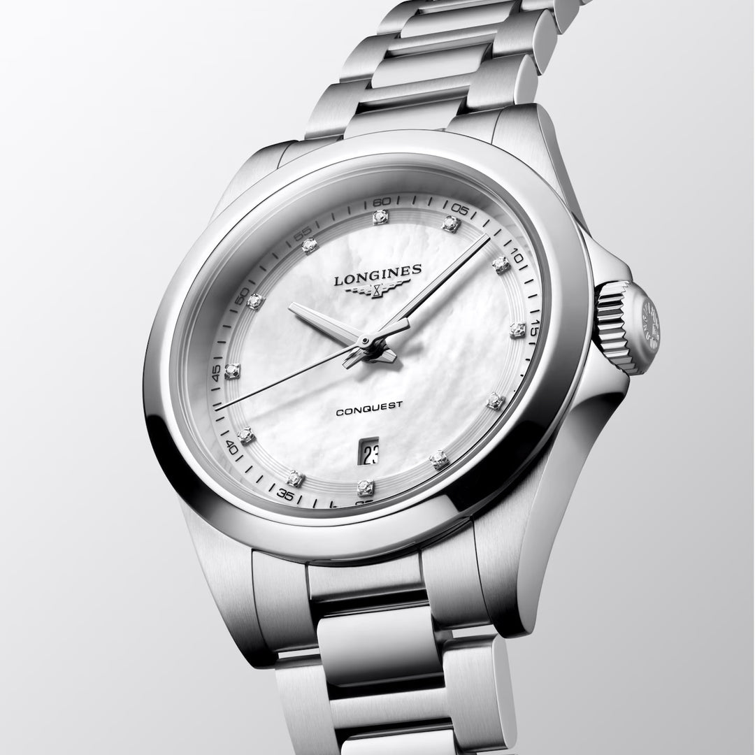 Longines Conquest ur 30 mm perlemor diamanter kvartsstål L3.350.4.87.6