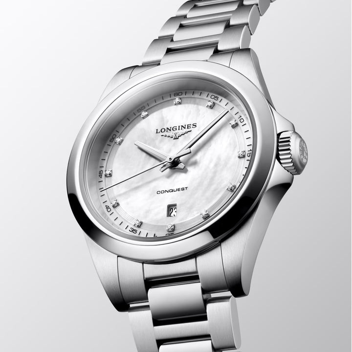Longines Conquest ur 30 mm perlemor diamanter kvartsstål L3.350.4.87.6