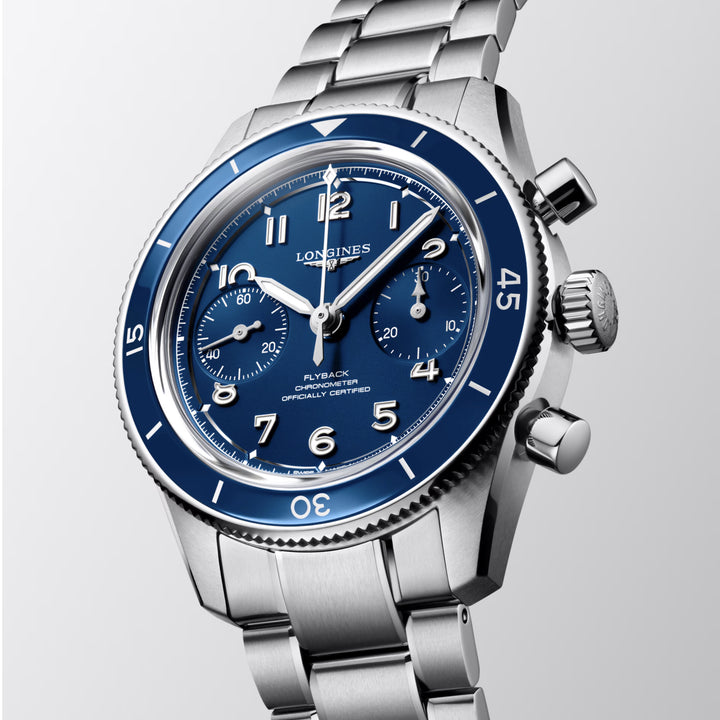 Longines ur Spirit Pilot Flyback 39,5 mm blåt manuelt optræk stål L3.721.4.93.6