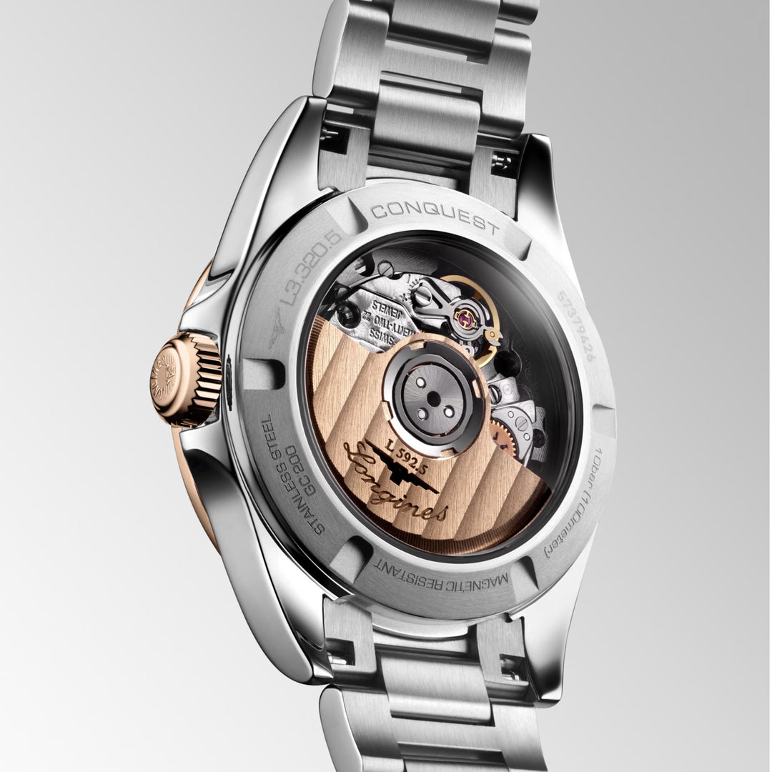 Longines Conquest ur 30 mm automatisk sølv rosa guld stål L3.320.5.72.6