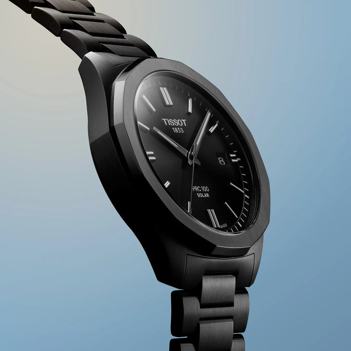Tissot-Uhr PRC 100 Solar 39 mm, schwarzer Quarzstahl, schwarzes PVD-Finish T151.422.33.051.00