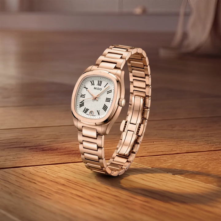 Mido watch Multifort TV 28mm ivory quartz steel PVD rose gold M049.110.33.263.00