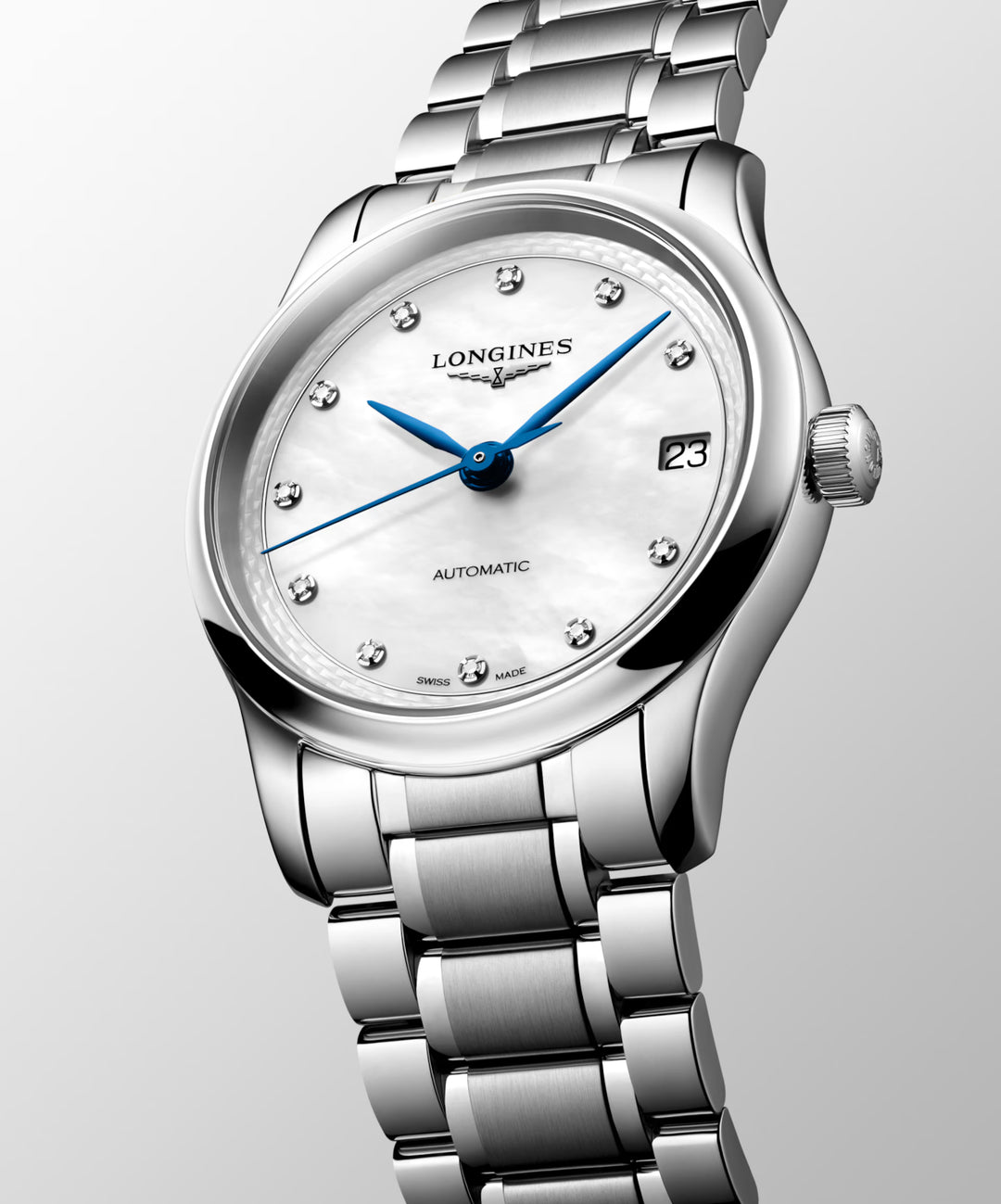 Longines Master Collection klocka 34mm pärlemor diamanter automatisk stål L2.450.4.87.6