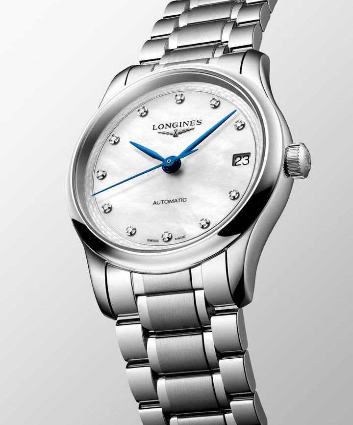 Longines Master Collection klocka 34mm pärlemor diamanter automatisk stål L2.450.4.87.6