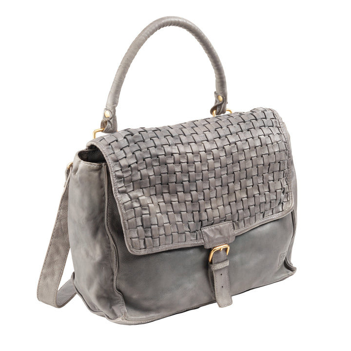 DUDU women's bag with large woven shoulder strap in vintage leather with hinged and flap closure
