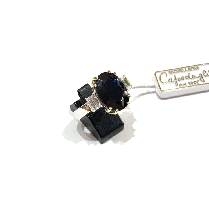 Capodagli anello oro bianco 18kt Zaffiro 5,05ct Diamanti taglio Baguette - Gioielleria Capodagli