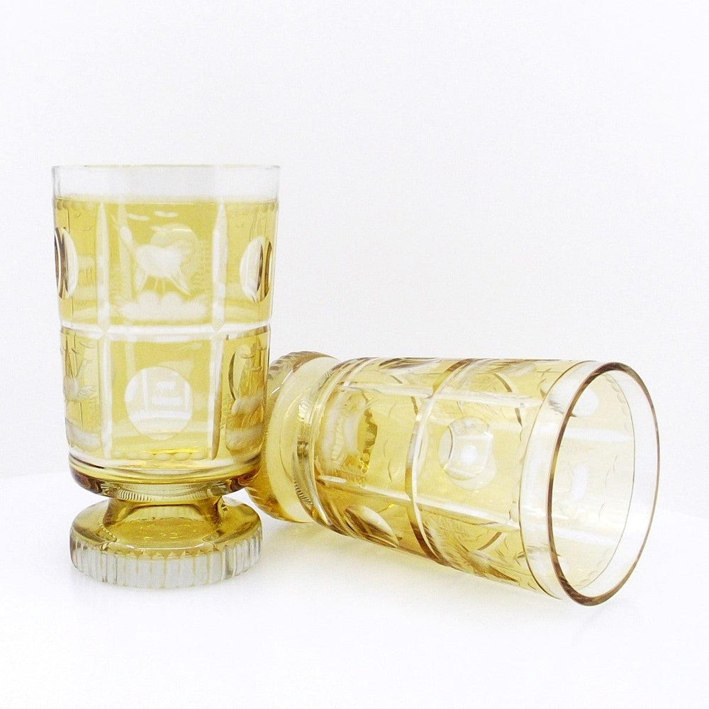 Pair of Biedermeier style amber glass glasses, cut and engraved by hand A-S2429-H - Gioielleria Capodagli