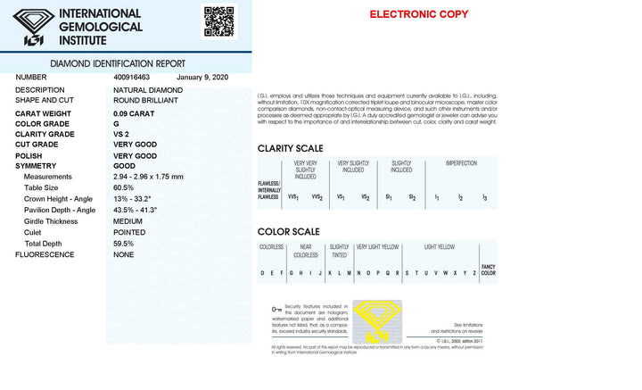 IGI diamante in blister certificato taglio brillante 0,09ct colore G purezza VS 2 - Capodagli 1937