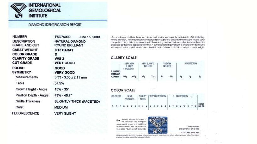 IGI diamante in blister certificato taglio brillante 0,15ct colore D purezza VVS 2 - Capodagli 1937