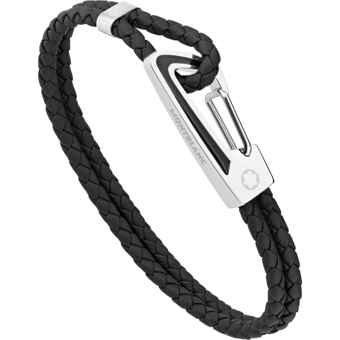 Montblanc bracciale uomo pelle nera intrecciata chiusura moschettone acciaio inserto lacca nera misura M 11855663 - Gioielleria Capodagli