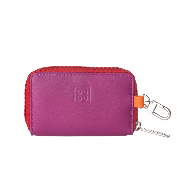 DUDU Genuine Leather Nappa Multicolor Zipper Keychain and Coin Wallet with Zip Zip and External Carabiner