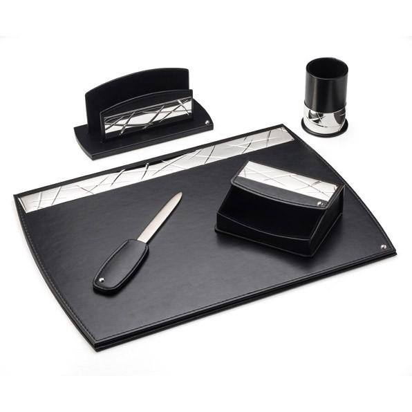 Sovrani set 5pz sottomano sparticarte portapenne tagliacarte porta foglietti pelle argento W4059 - Gioielleria Capodagli