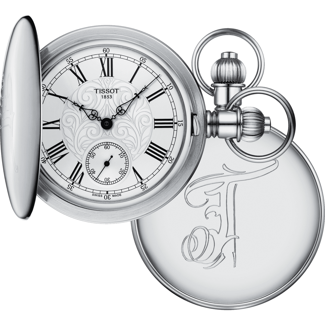 Tissot orologio da tasca Savonette Mechanical 52mm argento carica manuale ottone con finitura in palladio T864.405.99.033.00 - Gioielleria Capodagli