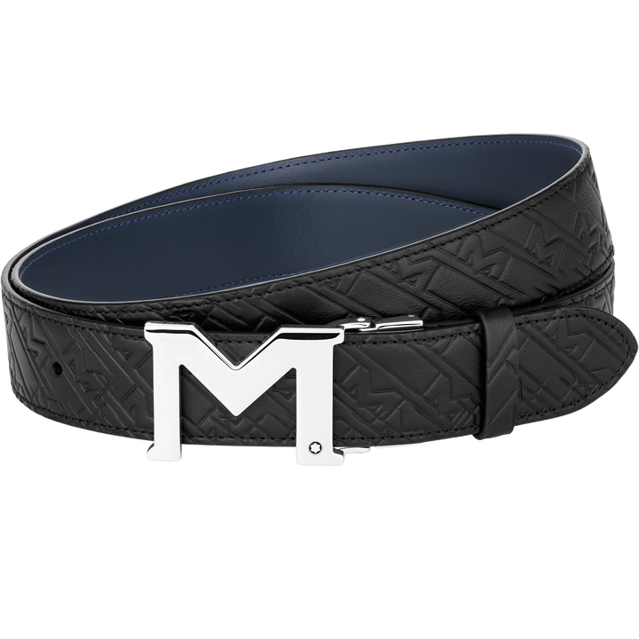 Montblanc 35 mm bælte med spænde M i sort/reversibel blå læder justerbar størrelse 128787